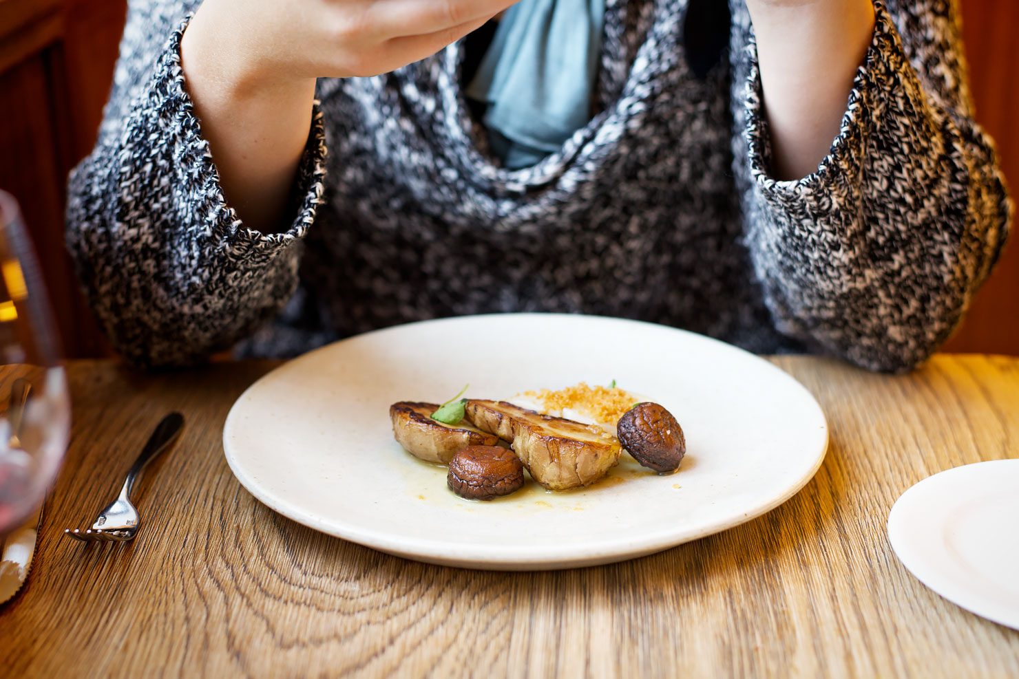 Lunch at the Corner Room - Town Hall Hotel in London. Poached cod, Jerusalem artichoke, chanterelles.