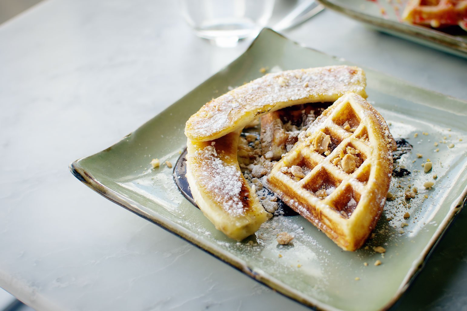 Belgian waffle with bananas and homemade nutella at Duck & Waffle in London
