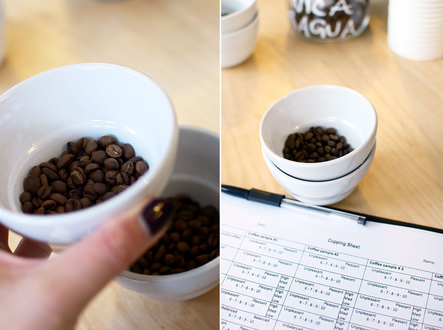 Smelling the coffee beans at the coffee tasting (or cupping) at Drink, Shop & Dash - a new specialty coffee bar in King's Cross in London