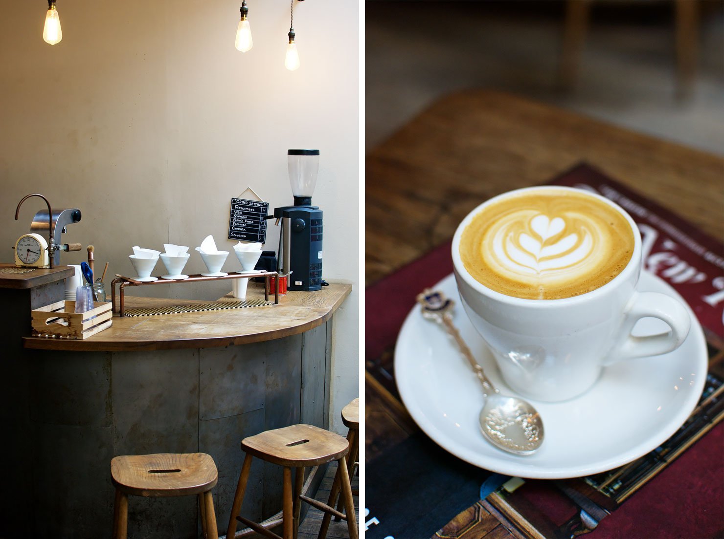 A flat white and the beautiful interior of TAP Coffee on 193 Wardour Street in central London.