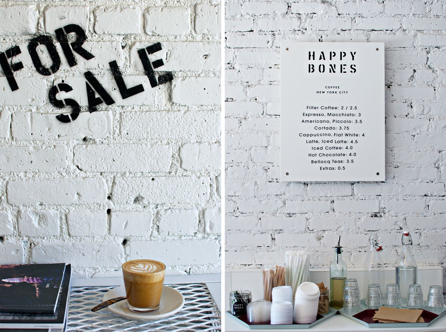 The bright white interior of coffee bar Happy Bones in New York. Best coffee in New York.