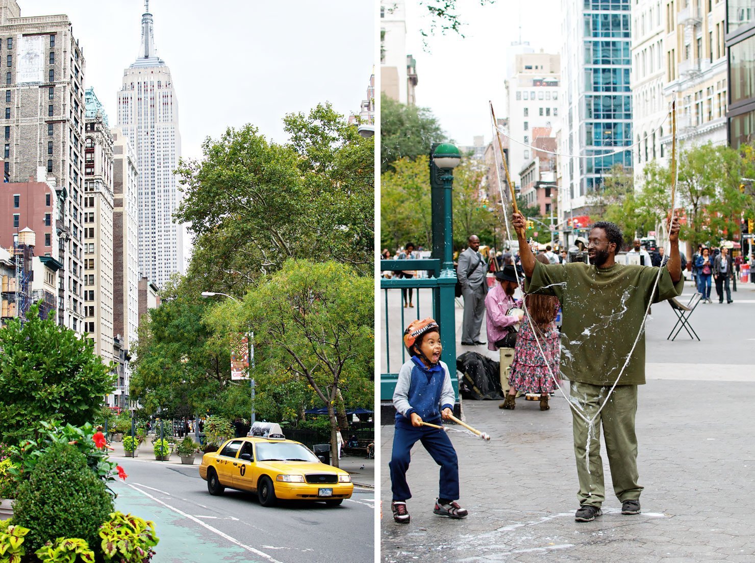 Empire State Building in New York City seen from Madison Square Park. And man performing in Union Square.