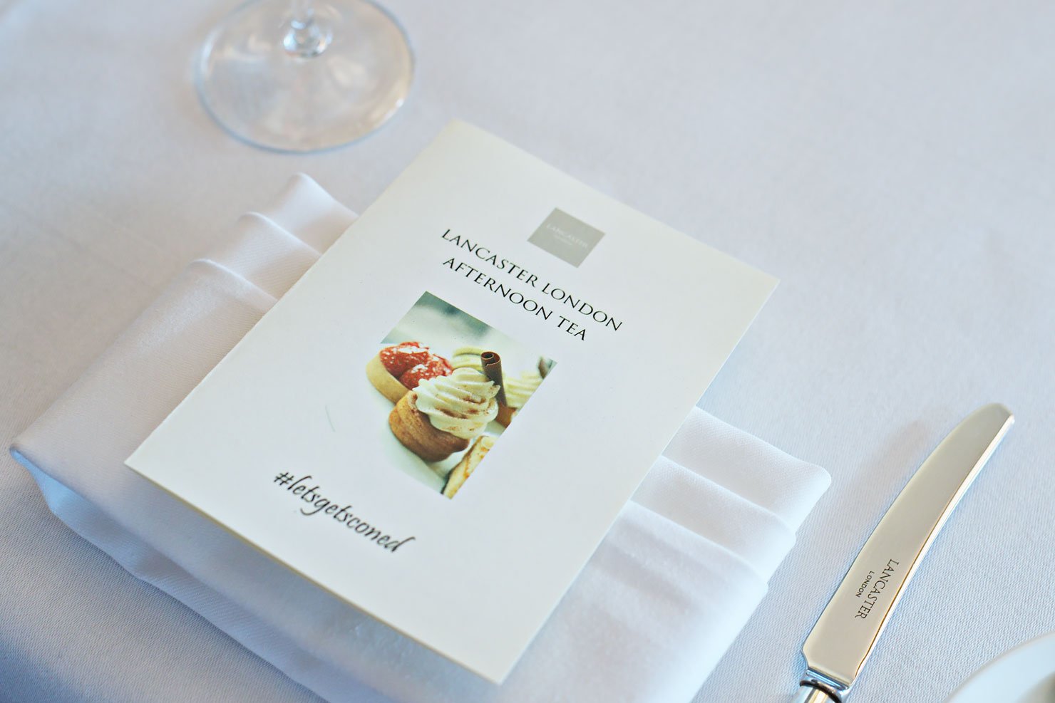 The menu for the Lancaster London afternoon tea with London Bloggers #letsgetsconed