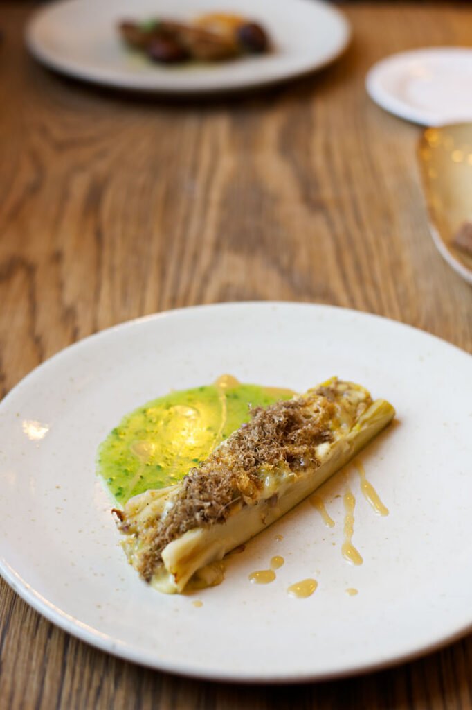 Lunch at the Corner Room in the Town Hall Hotel in London - Braised leek, risely, autumn truffle, chestnut