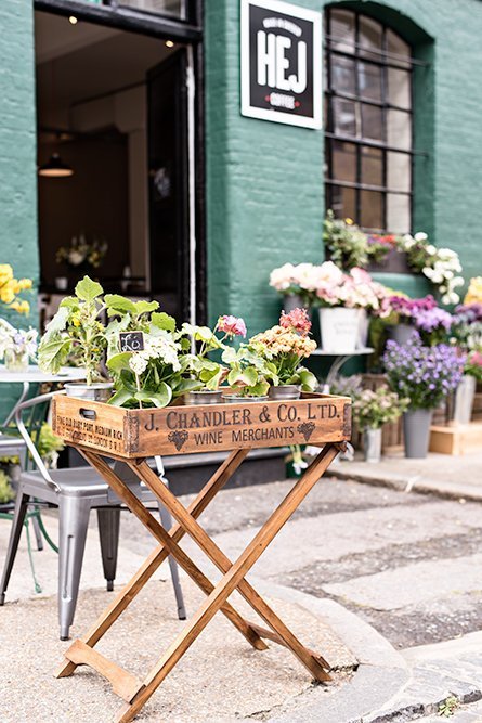 Exploring London villages: Bermondsey Street near London Bridge. Hej Coffee on Bermondsey Square.