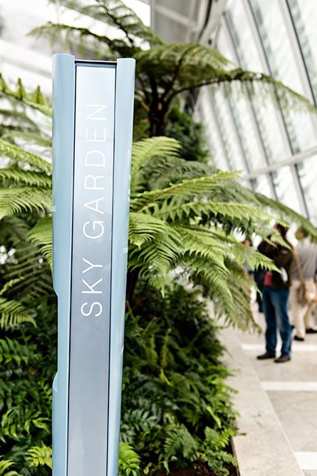 The Sky Garden at the top of the Walkie Talkie in London. A public open space and garden with spectacular views.