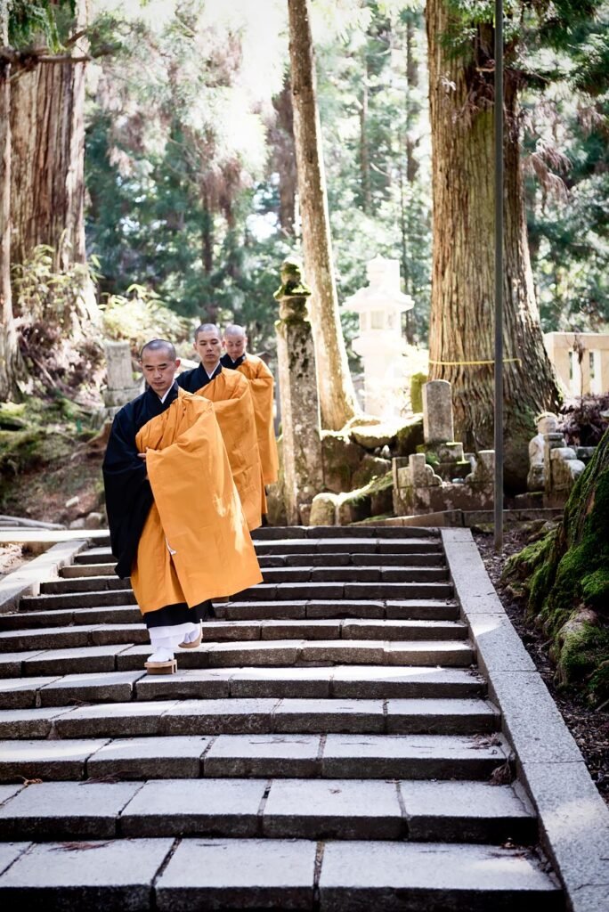 Buddhist Monks at the Okunoin Cemetery in Koyasan Japan