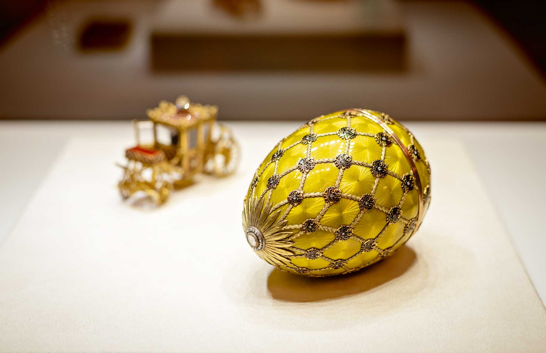 Yellow Faberge Egg at the Faberge Museum in St Petersburg, Russia. Read more about my first impressions of St Petersburg and how to get a Russian visa on my blog.