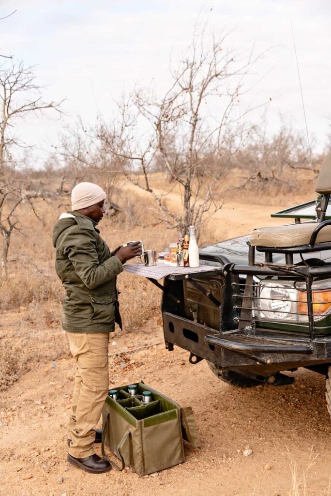 Coffee break during the sunrise game drive - - Check out my review of staying at Klaserie Sands River Camp, a beautiful boutique (4 suites), luxury safari lodge in Greater Kruger (Big 5), South Africa