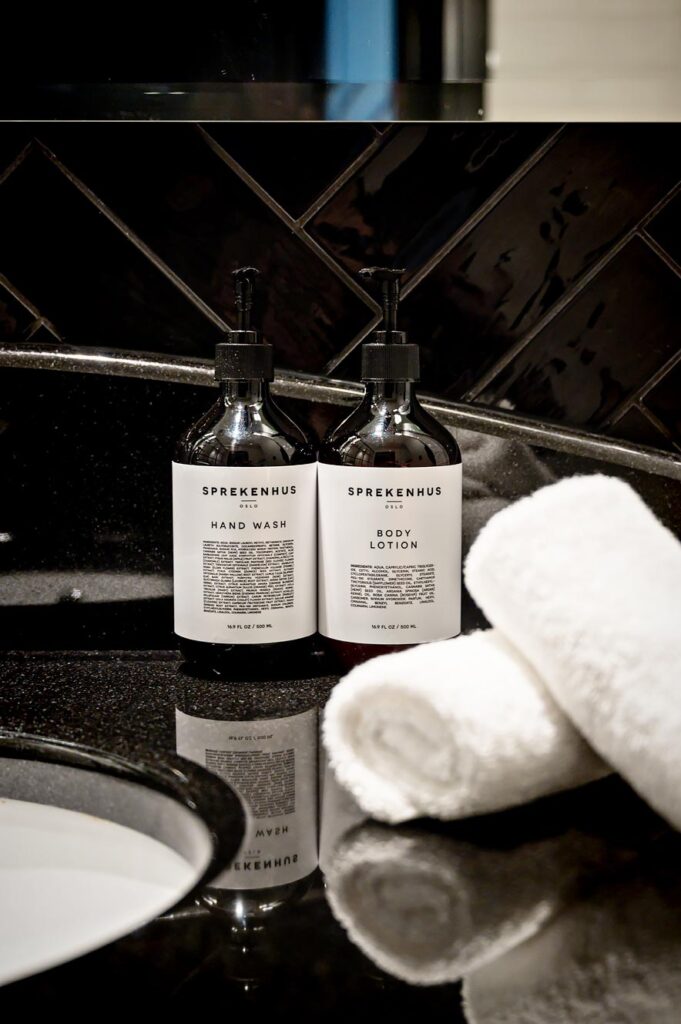 Bathroom amenities by Sprekenhus in the bathroom of the Amerikalinjen hotel in Oslo, Norway