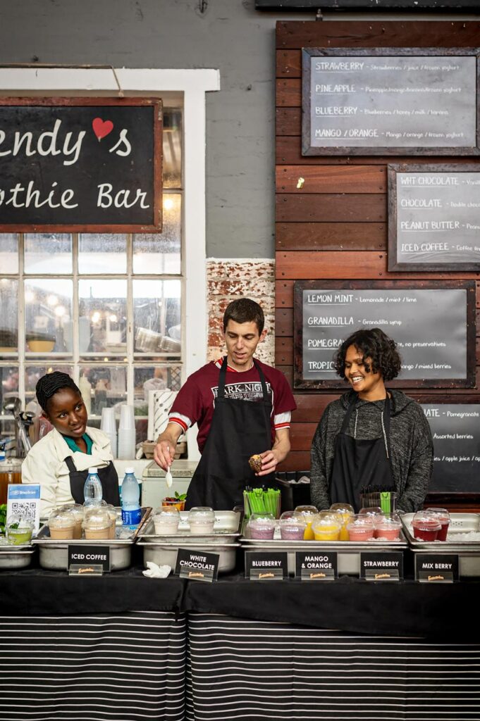 The vibrant Neighbourgoods Market, located at the Old Biscuit Mill (warehouse) in Woodstock