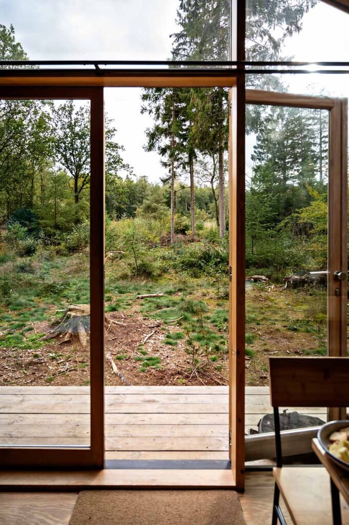 Uitzicht op het bos door de deur