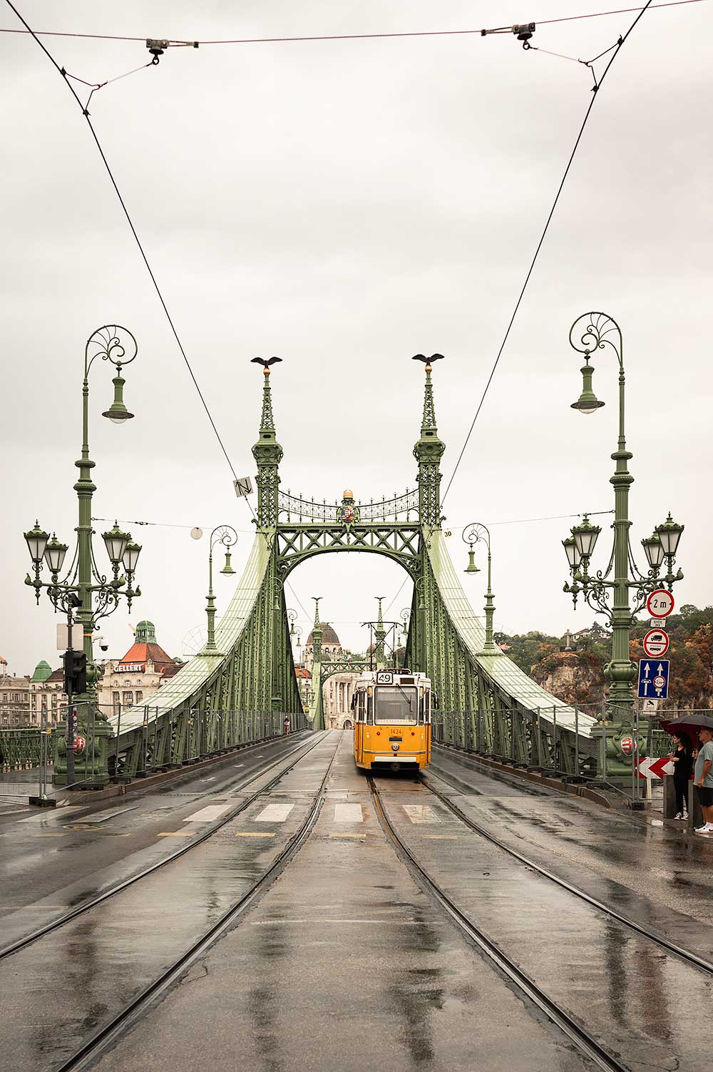 Vrijheidsbrug in Boedapest met de iconische gele tram die over de Donau rijdt