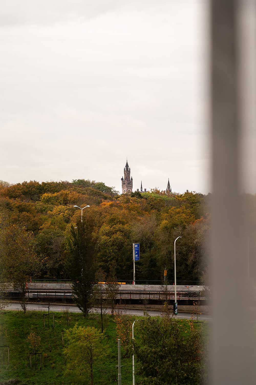 View of the tower of the Peace Palace seen from hotel De Plesman in The Hague