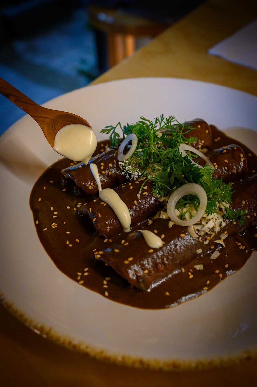 Enmolades with mole sauce at bib gourmand restaurant Comal Oculto in Mexico City