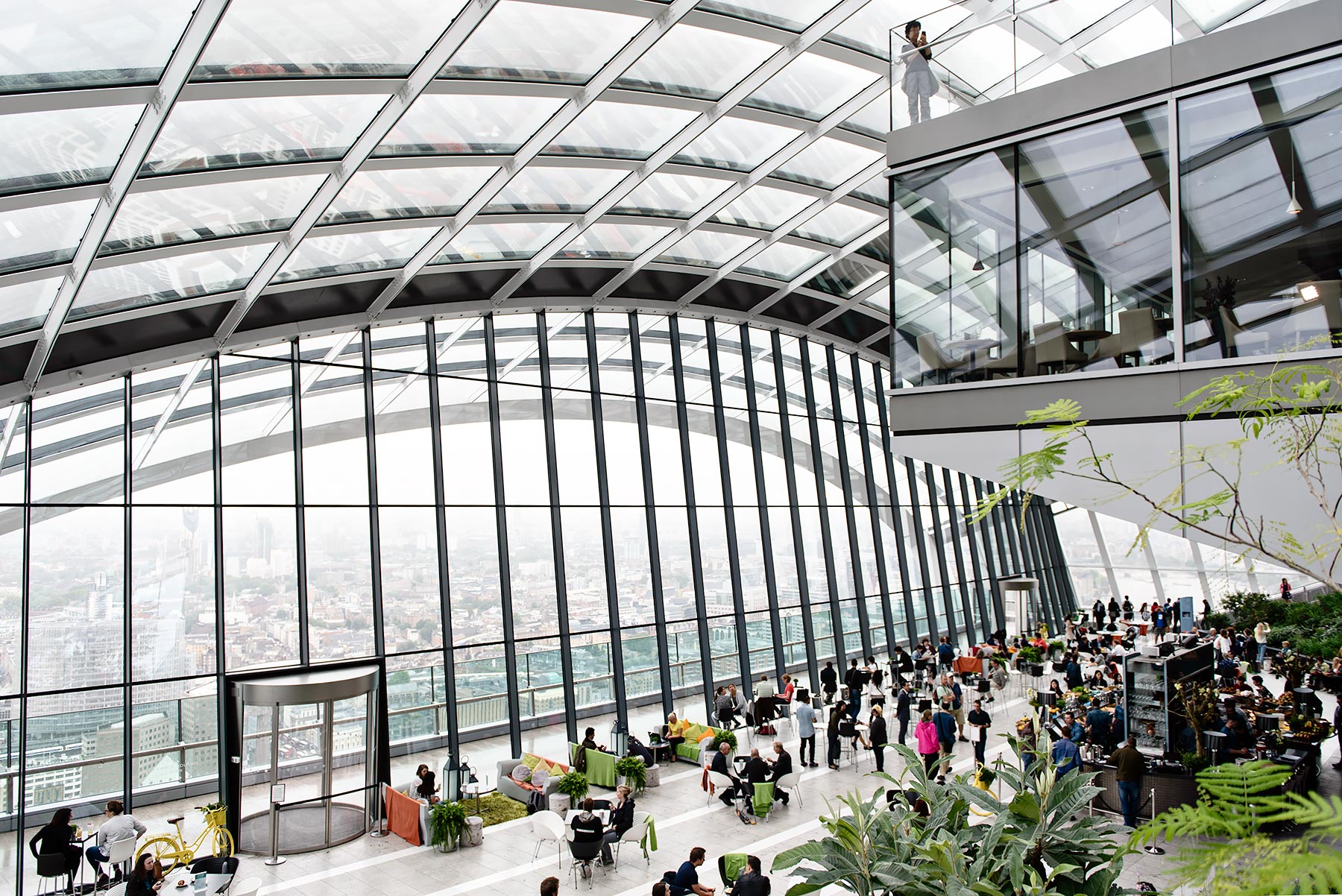 The Sky Garden at the top of the Walkie Talkie in London. A public open space and garden with spectacular views.