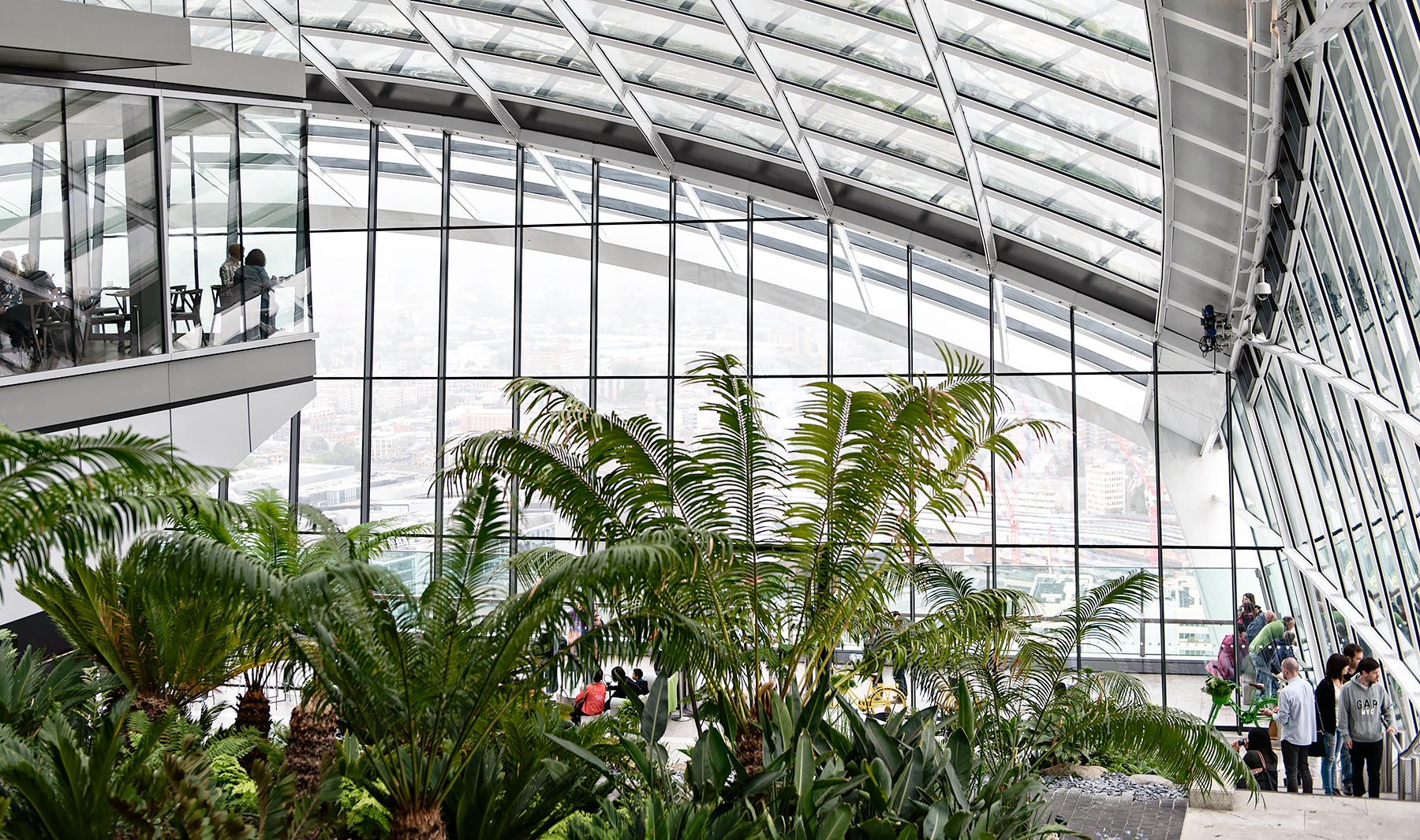 The Sky Garden at the top of the Walkie Talkie in London. A public open space and garden with spectacular views.