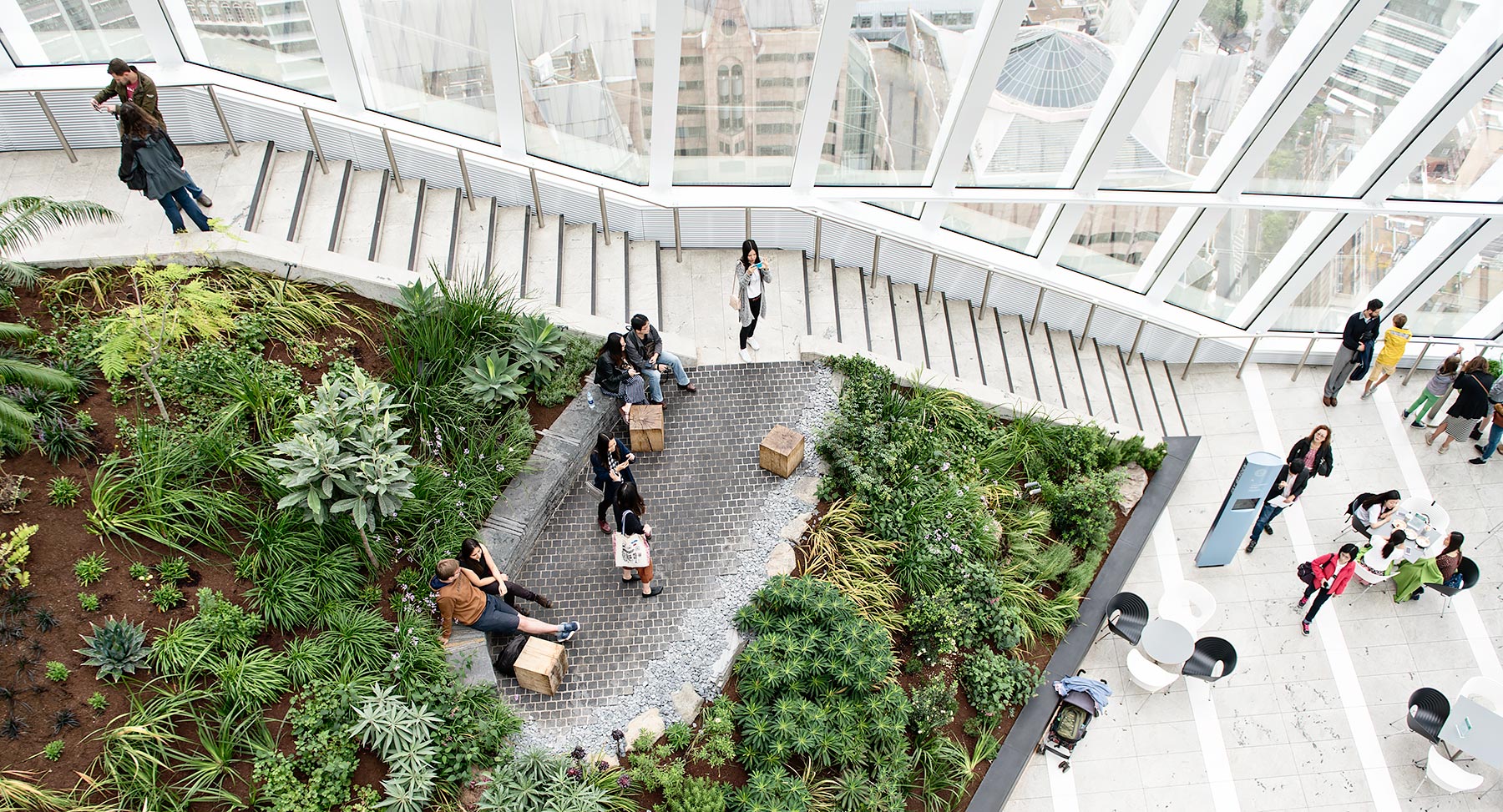 The Sky Garden at the top of the Walkie Talkie in London. A public open space and garden with spectacular views.