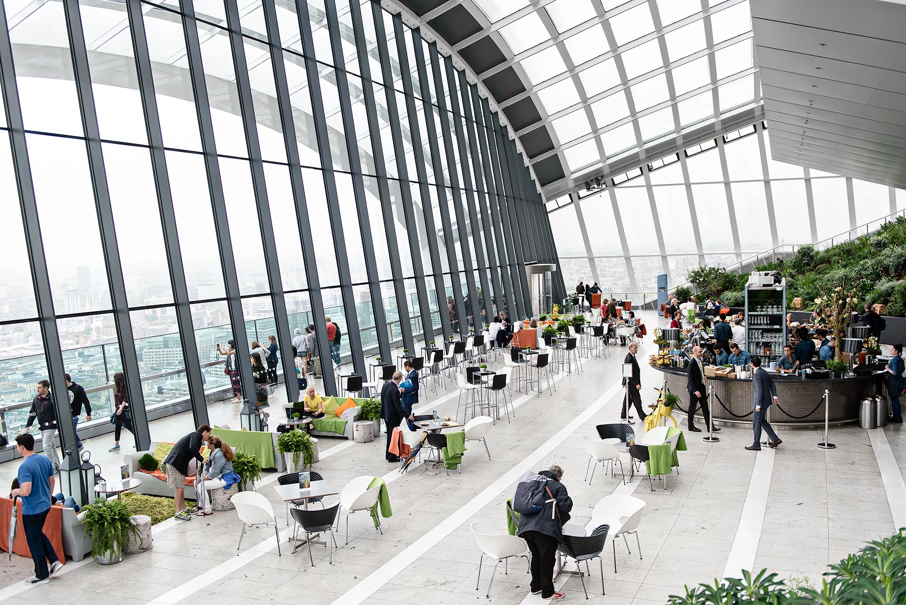 The Sky Garden at the top of the Walkie Talkie in London. A public open space and garden with spectacular views.