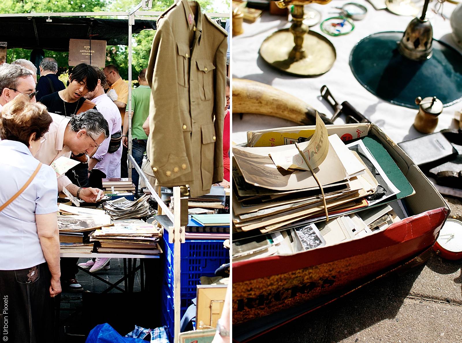Spanish man looking at old photos at the el Rastro market in Madrid